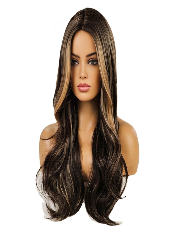 JOUKAYEA Long Wavy Blonde and Brown Wig for White Black Women, Synthetic Beach Loose Body Wave Brunette Wig with Blond Highlight, Realistic Curly Sexy Natural Looking Hispanic Ladies Hair Wigs - Image 4